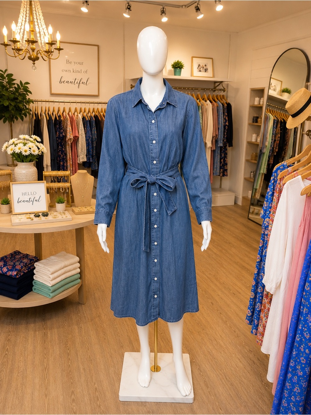Talbots Denim Blue Button-Front Midi Shirt Dress with Tie Waist